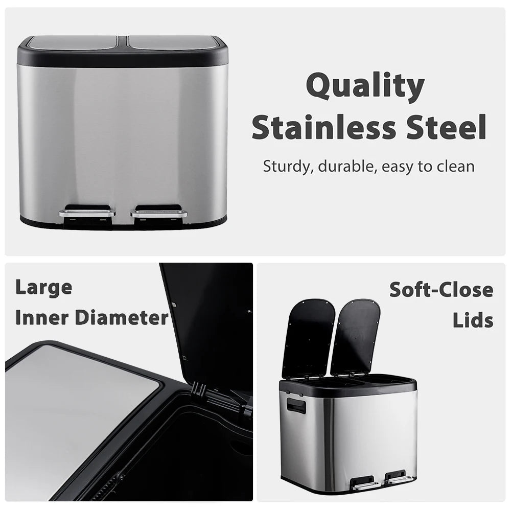Voltsify 20L Stainless Steel Step Open Trash Can with Dual Pedals Kitchen Household Large Capacity Hotel Trash Can