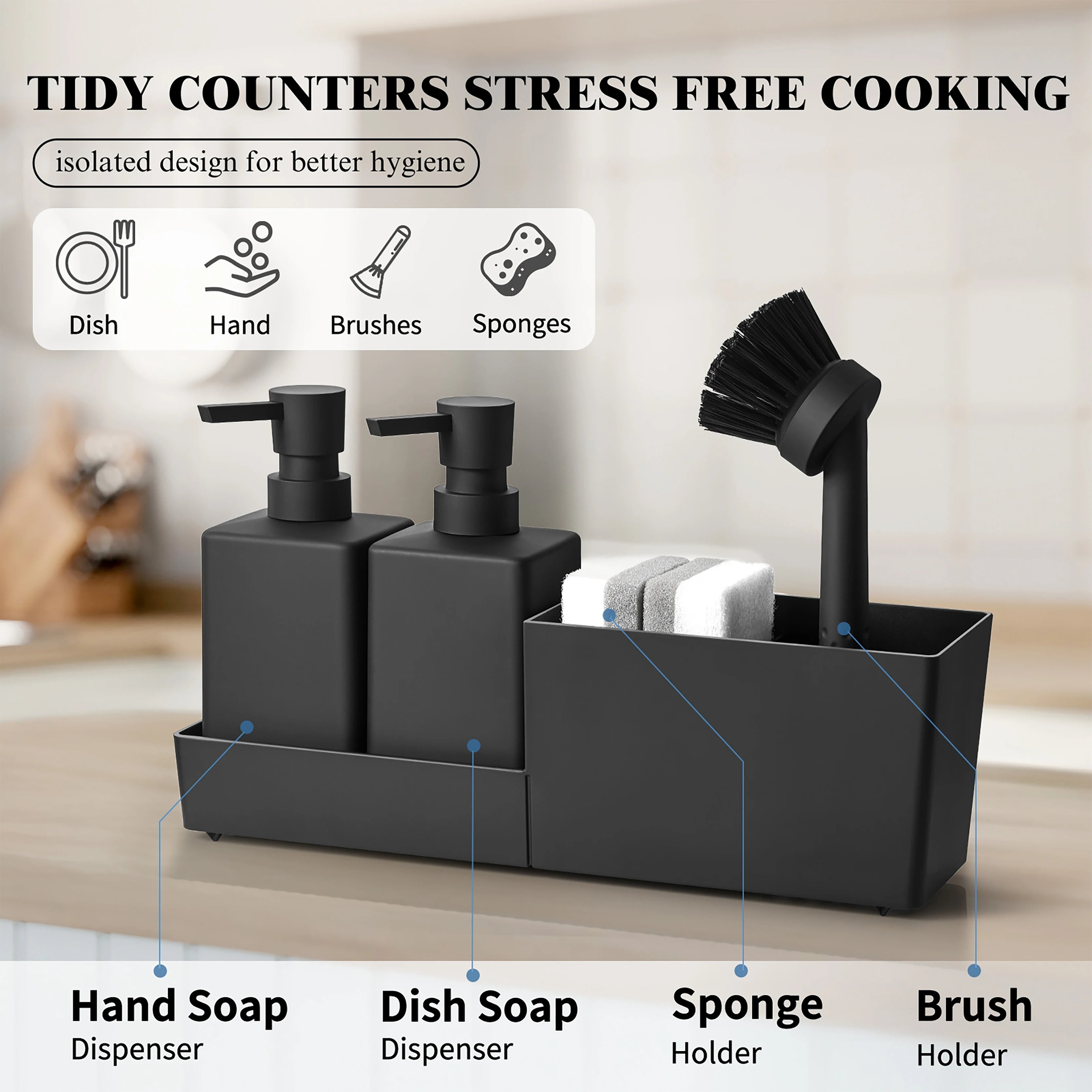 Kitchen Soap Dispenser Set with Sponge Holder and Brush for Sink Rack Hand Soap and Dish Soap Dispensers Black 4-in-1