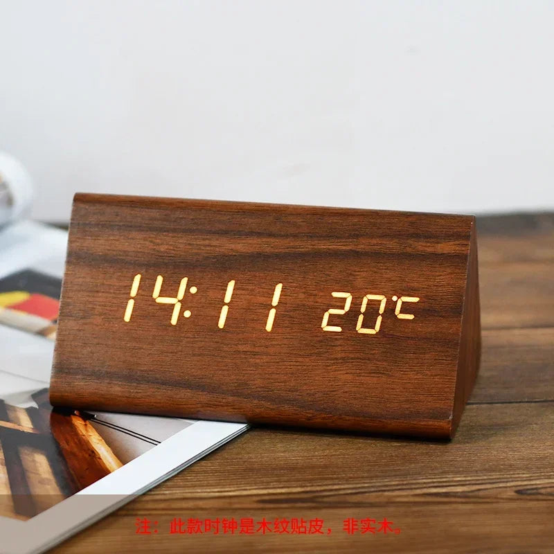 Wood-grain Electronic Desktop Clock Alarm Clock Living Room Retro Digital Log Smart Desk Clock