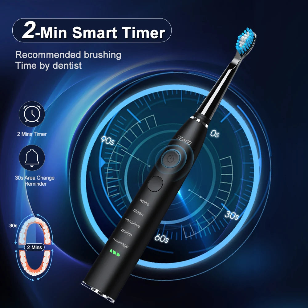 Seago Electric Toothbrush Sonic Toothbrush Once Charge Last about 300 Days 5 Modes 5 Toothbrush Heads 1 Travel Box Teeth Clean