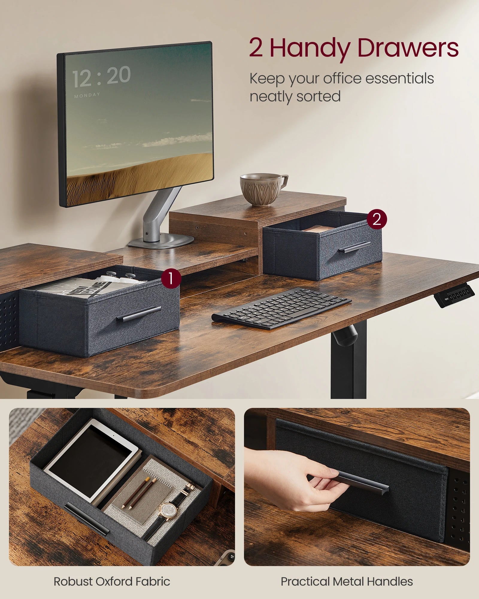 VASAGLE Electric Standing Desk with Built-In Power Strip, 60 x 120 x (72-120) cm, Adjustable Height