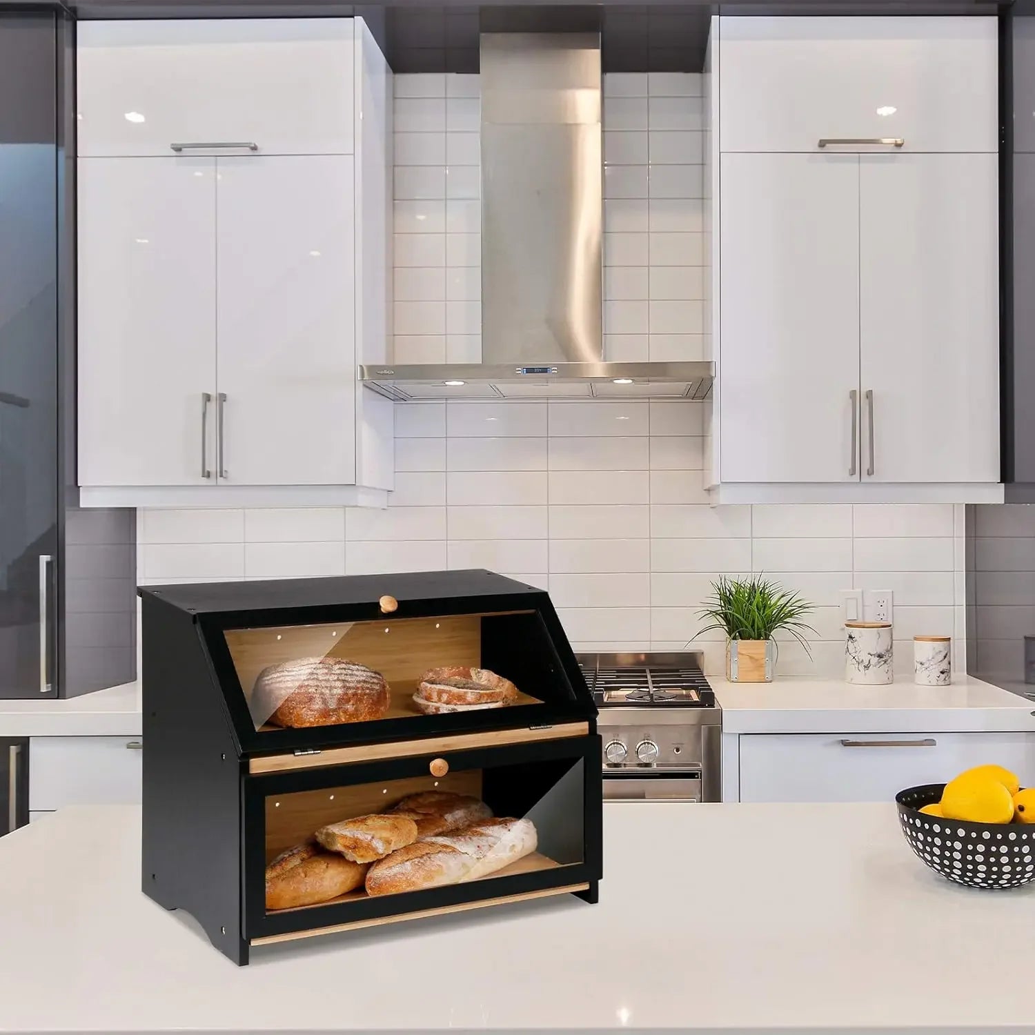 Double Layer Large Bread Box for Kitchen Counter, Wooden Large Capacity Bread Storage Bin kitchen organizer