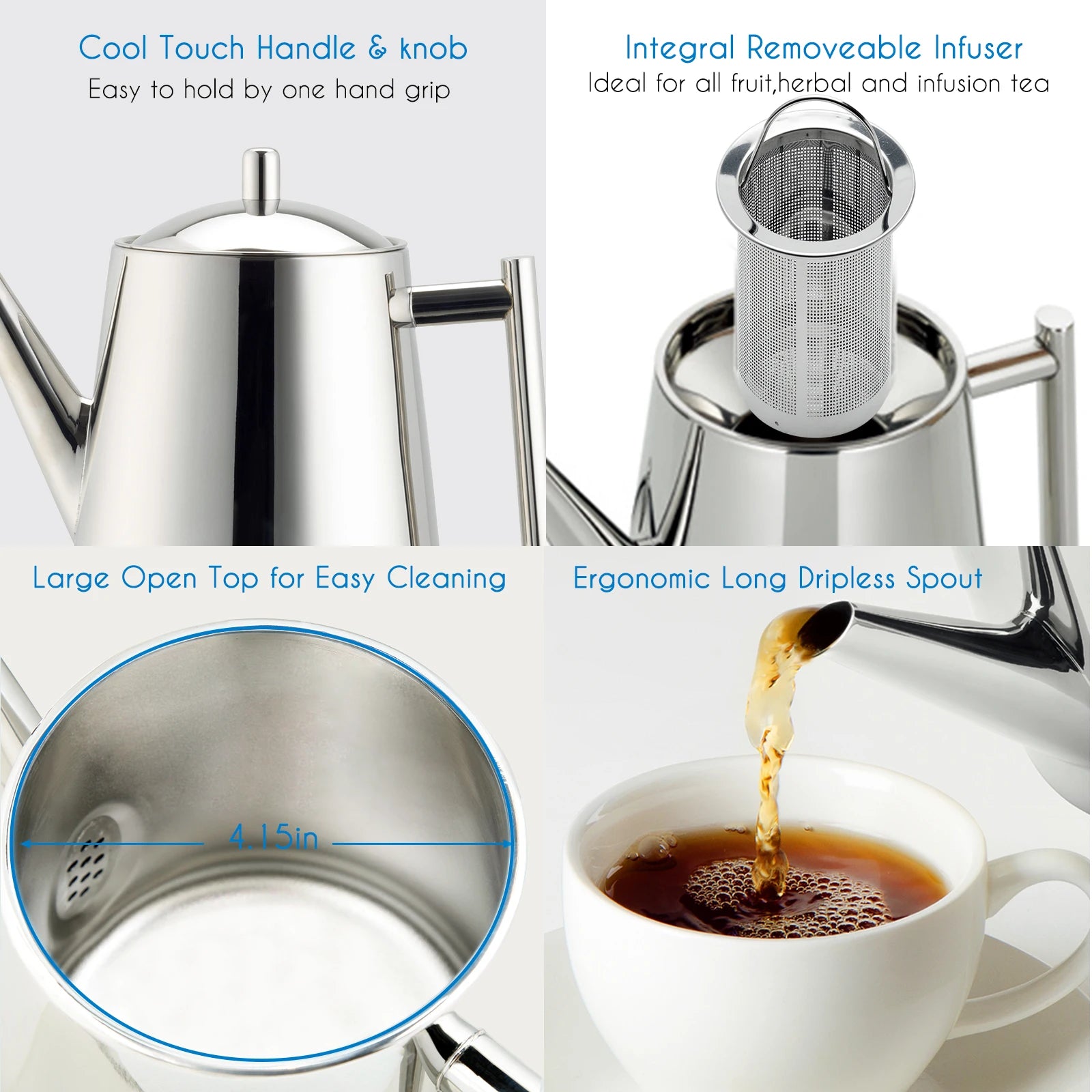 Easyworkz Stainless Steel Double Wall Tea Pot with Removable Tea Infuser, Perfect for Brewing Your Favorite Tea, Chrome