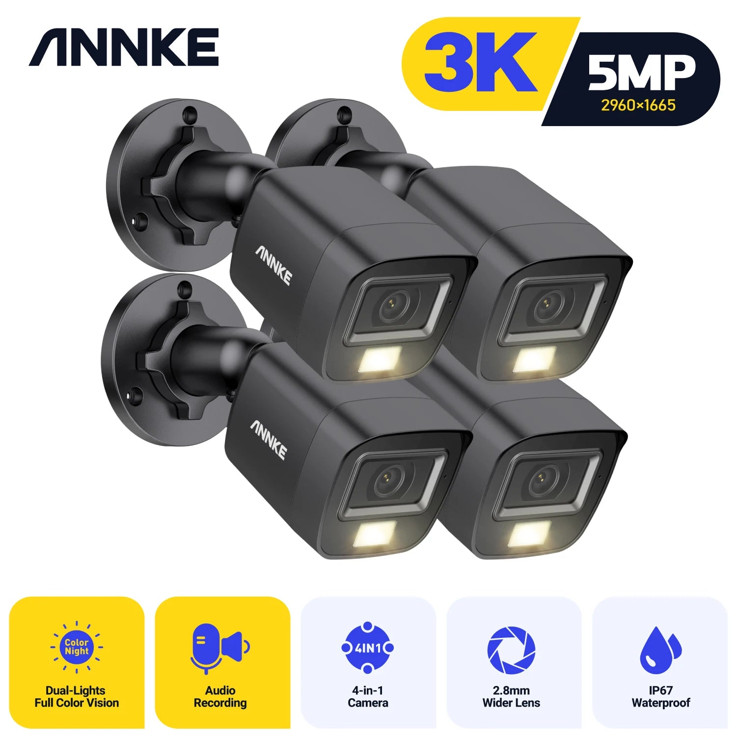 ANNKE 4Pcs 5MP CCTV Cameras IP67 Waterproof Video Surveillance Outdoor Dome Camera IR Cut Filter Camera Kit