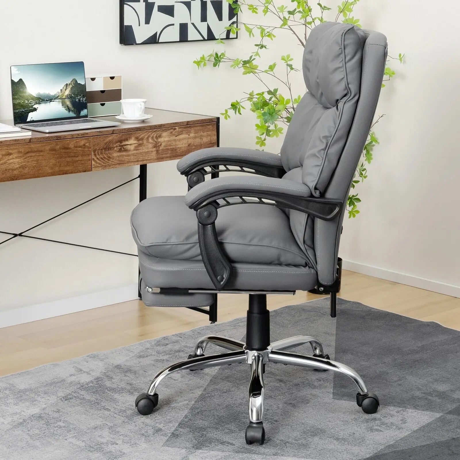 GOFLAME Office Desk Chair Ergonomic Padded Reclining Chair With Retractable Footrest
