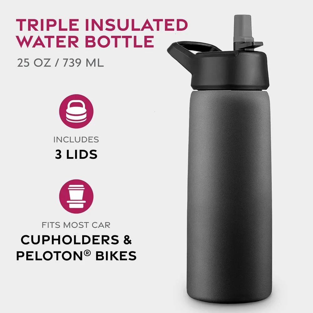 Triple Insulated Stainless Steel Water Bottle With Straw Lid Flip Top Lid Wide Mouth Cap 750 ML Keeps Hot and Cold Hiking Biking