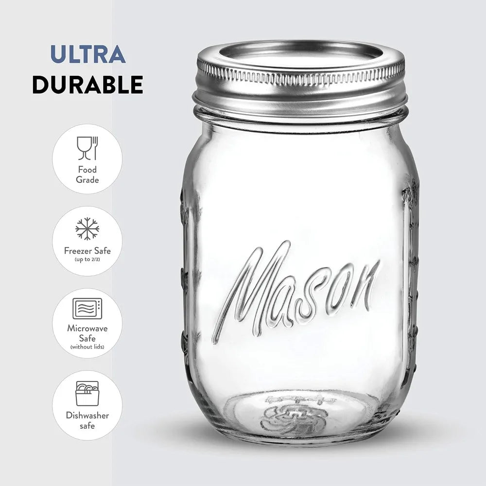 Mason Jars 473ml 6 Pack Regular Mouth Glass Jars with Lid & Seal Bands Airtight Container for Pickling Canning Candles Decor