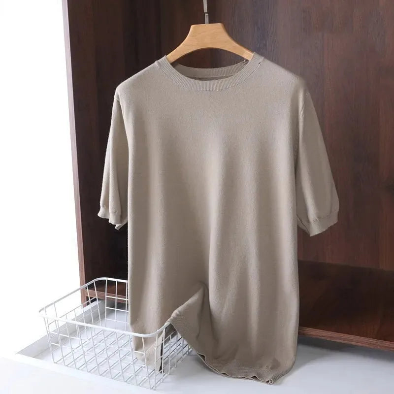 Men's Superfine Merino Wool T Shirt Knitted O-neck Breathable Thin Cashmer Short Sleeve Tee Solid Color Knitting Jumpers Tops