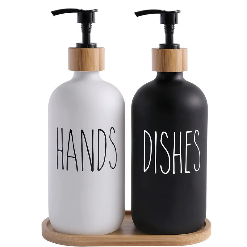 500ml Hand Dish Soap Dispenser Set With Bamboo Tray Refillable Plastic Bottle Shampoo Shower Gel Lotion Liquid Empty Container