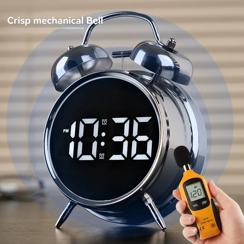 Multifunctional Extra Large Metal Alarm Clock with LED Screen Plug-In Children's Clock for Heavy Sleepers