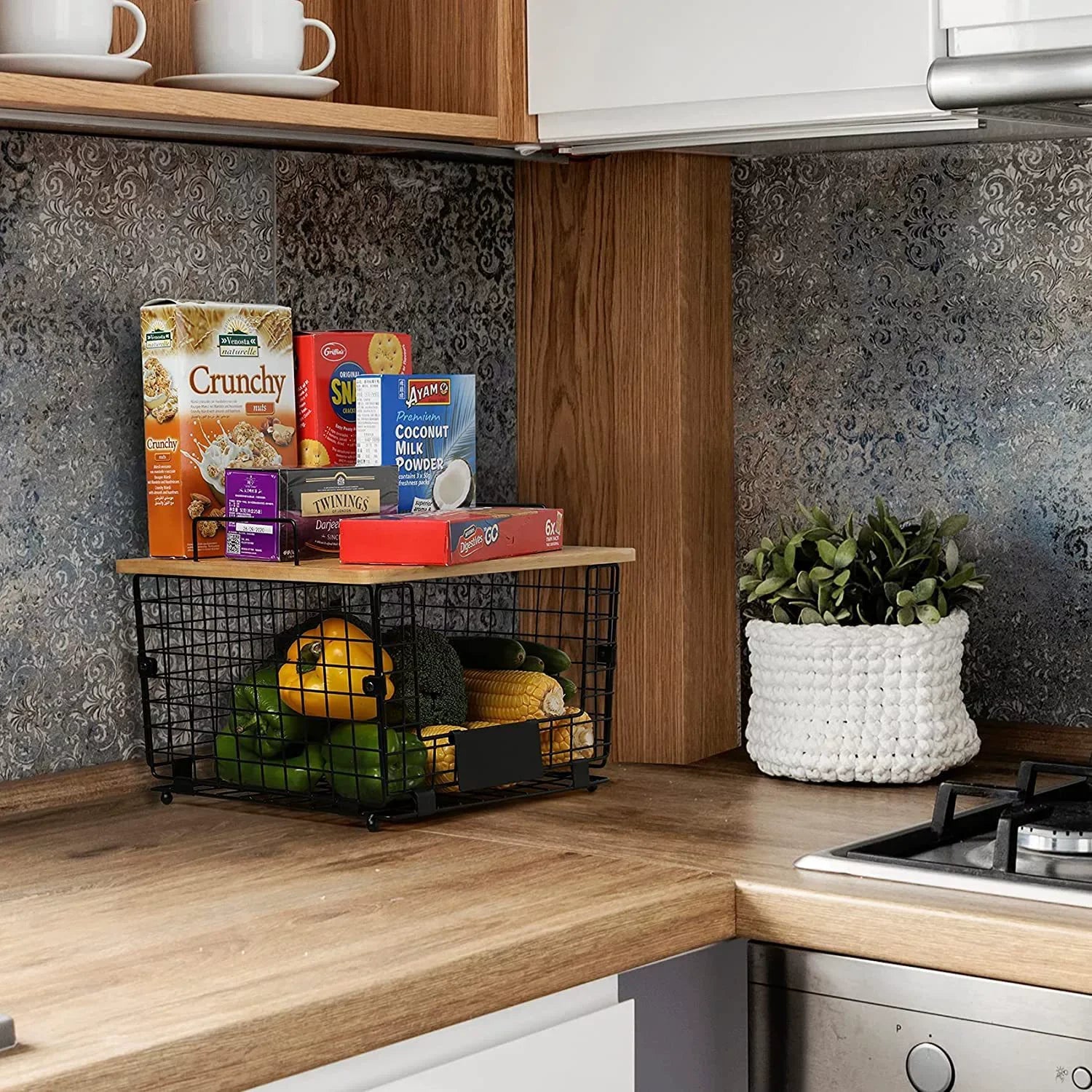 Large Stackable Wire Basket with Bamboo Top - Kitchen Counter, Pantry Organizer and Storage, Onion Potato Fruits Vegs Basket