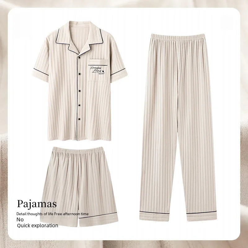 High-end Comfortable Cotton Men's Pajama Set Short Sleeve Summer Cardigan Style Suitable For Home Outdoor Wear