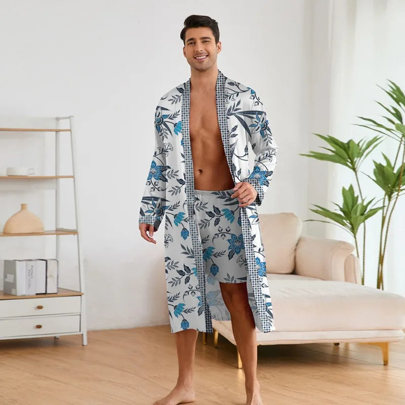 Fashion Design Pajamas Suit Men New Paisley Printed Nightgowns Long-sleeved Shorts Bathrobe Male Soft Ice silk Satin Nightwear