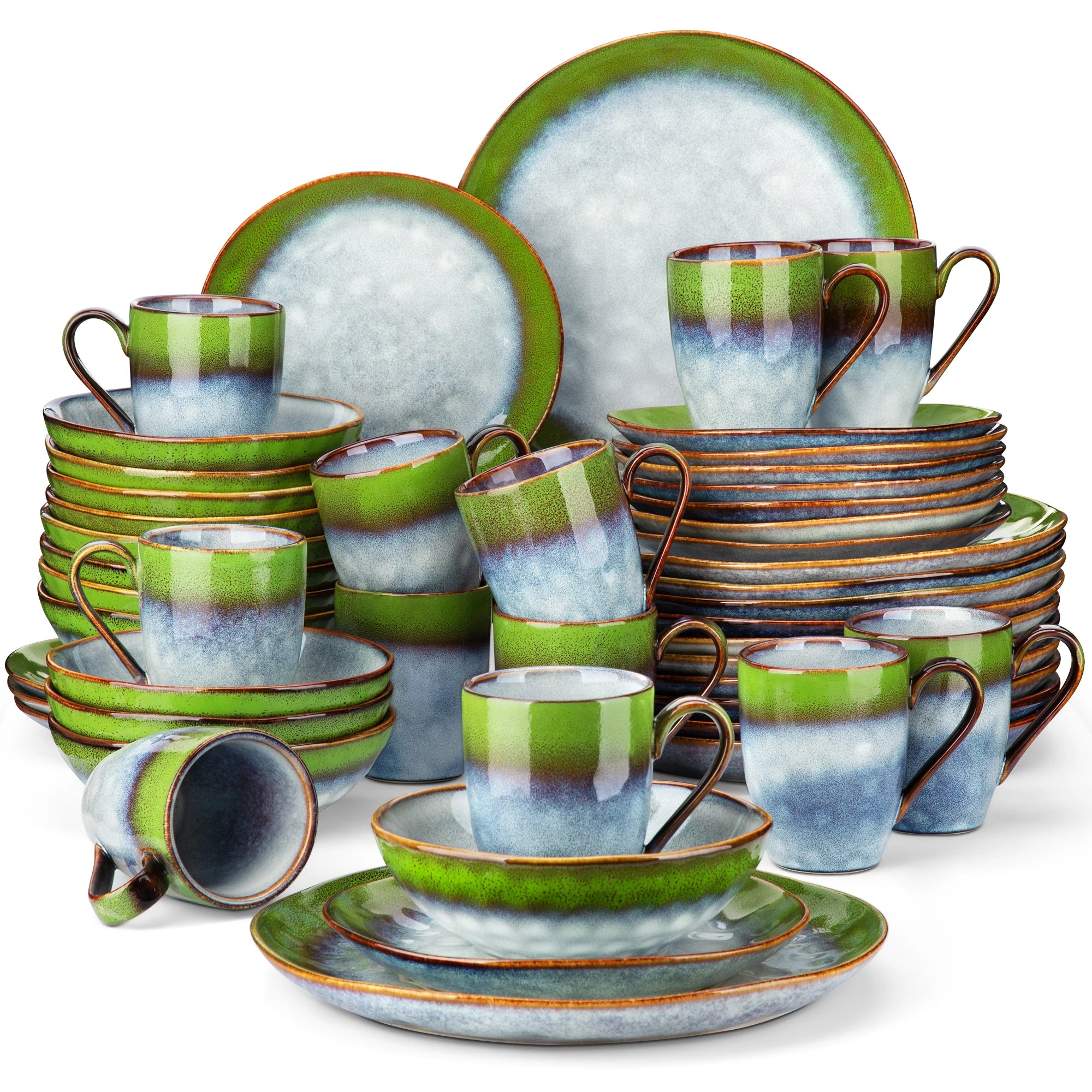 vancasso 16/32/48-Piece Dinner Set,Red Green Kiln Change Glaze Tableware Dinner Service with Dinner Plate,Dessert Plate,Bowl,Mug
