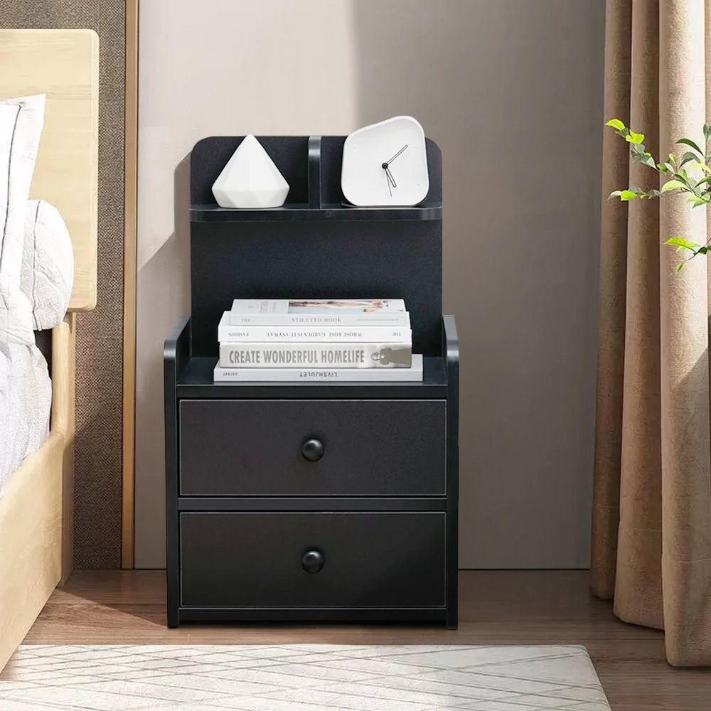 Haodirect Modern Black Double Drawer Nightstand with Shelves Wooden Bedroom Drawer Chest
