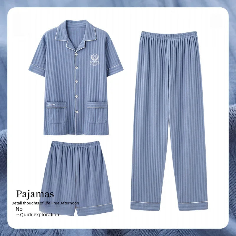 High-end Comfortable Cotton Men's Pajama Set Short Sleeve Summer Cardigan Style Suitable For Home Outdoor Wear