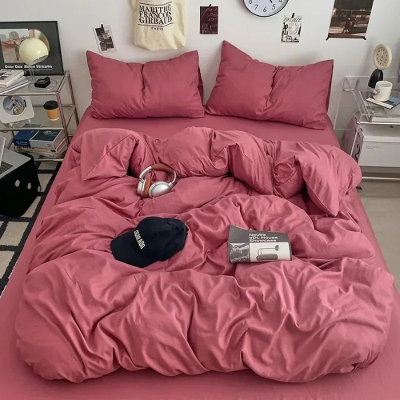 2025 new class A can sleep naked washed cotton solid color sheets student dormitory simple double-spell four-piece bedding
