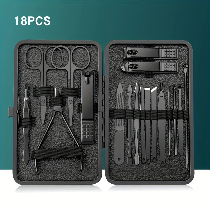 Stainless Steel 7/10/16/18pcs Black Manicure kit Pedicure Set Scissors Nail Clipper Grooming Tool Kit with Travel Case