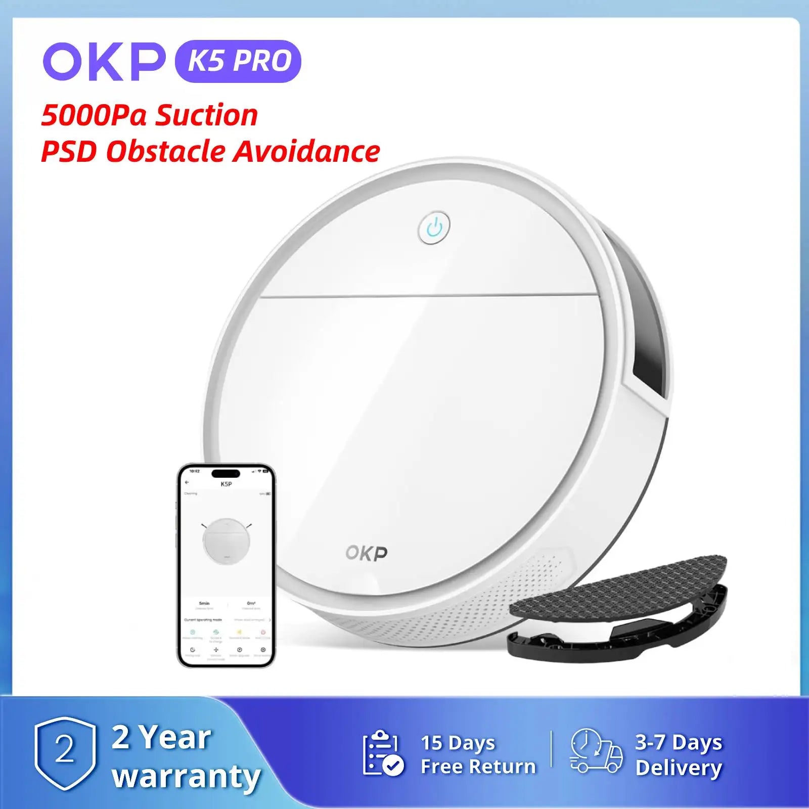 OKP K5P Robot Vacuum Cleaner, 5000Pa, 180 Mins, WiFi/App, Slim Design, Self-Charging, Perfect for Hard Floors, Pet Hair, Carpets