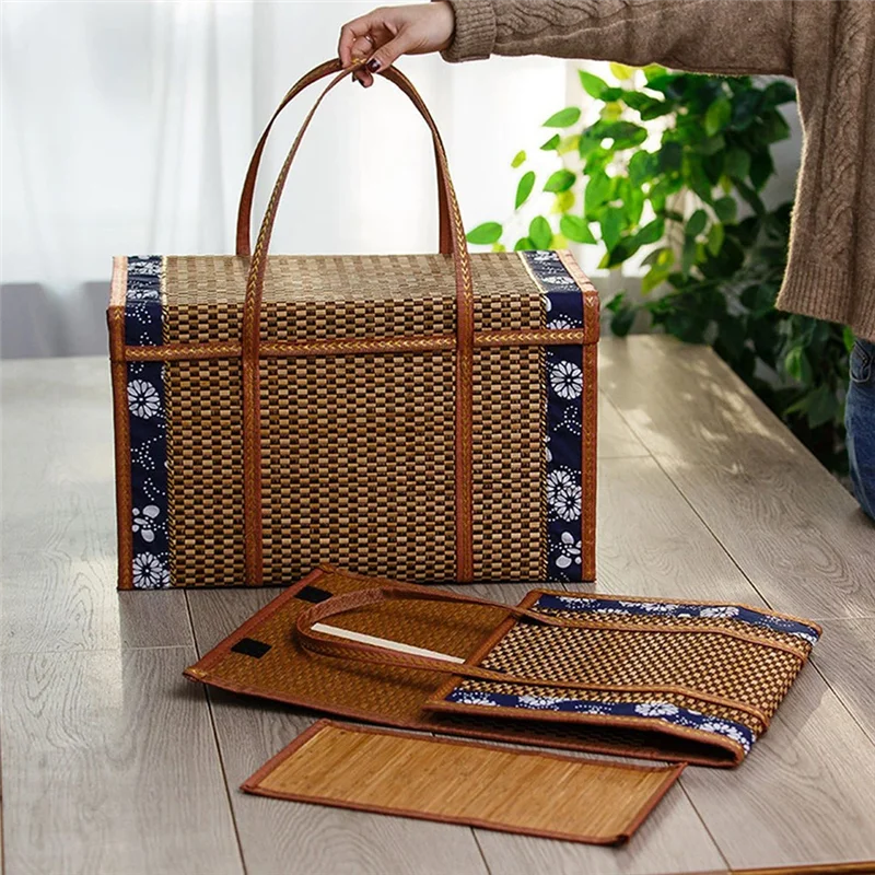 Picnic Woven Basket Wicker Storage Bag Handle Folded Fruit Shopping Food Handle Rattan Grass Foldable Bamboo Basket