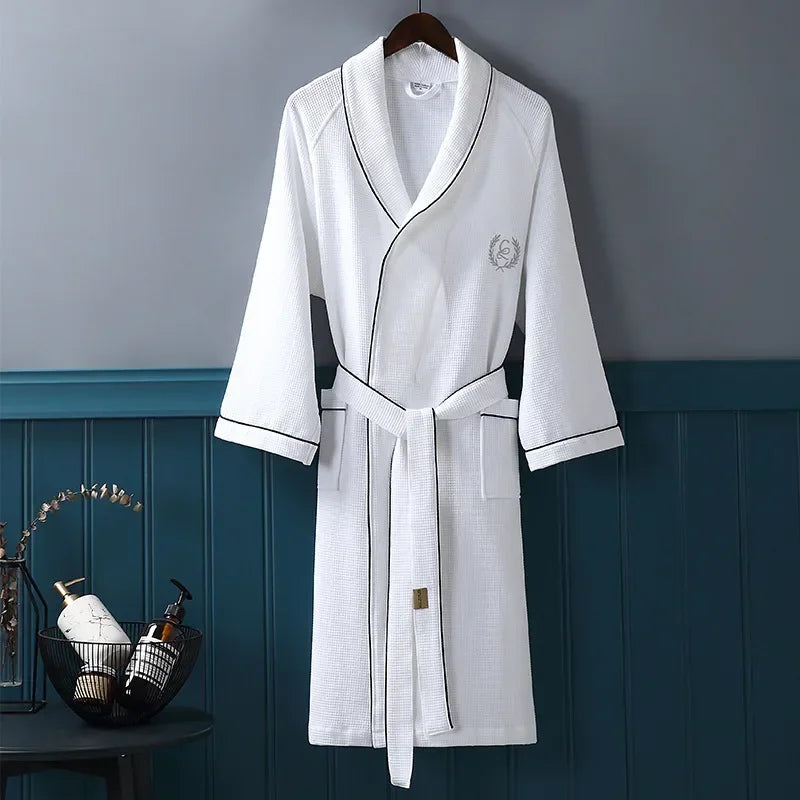 High Quality Hotel Home Waffle Bathrobe For Men Pure Cotton Embroidered Lapel Absent Bath Robe Men's Solid Color Dressing Gown