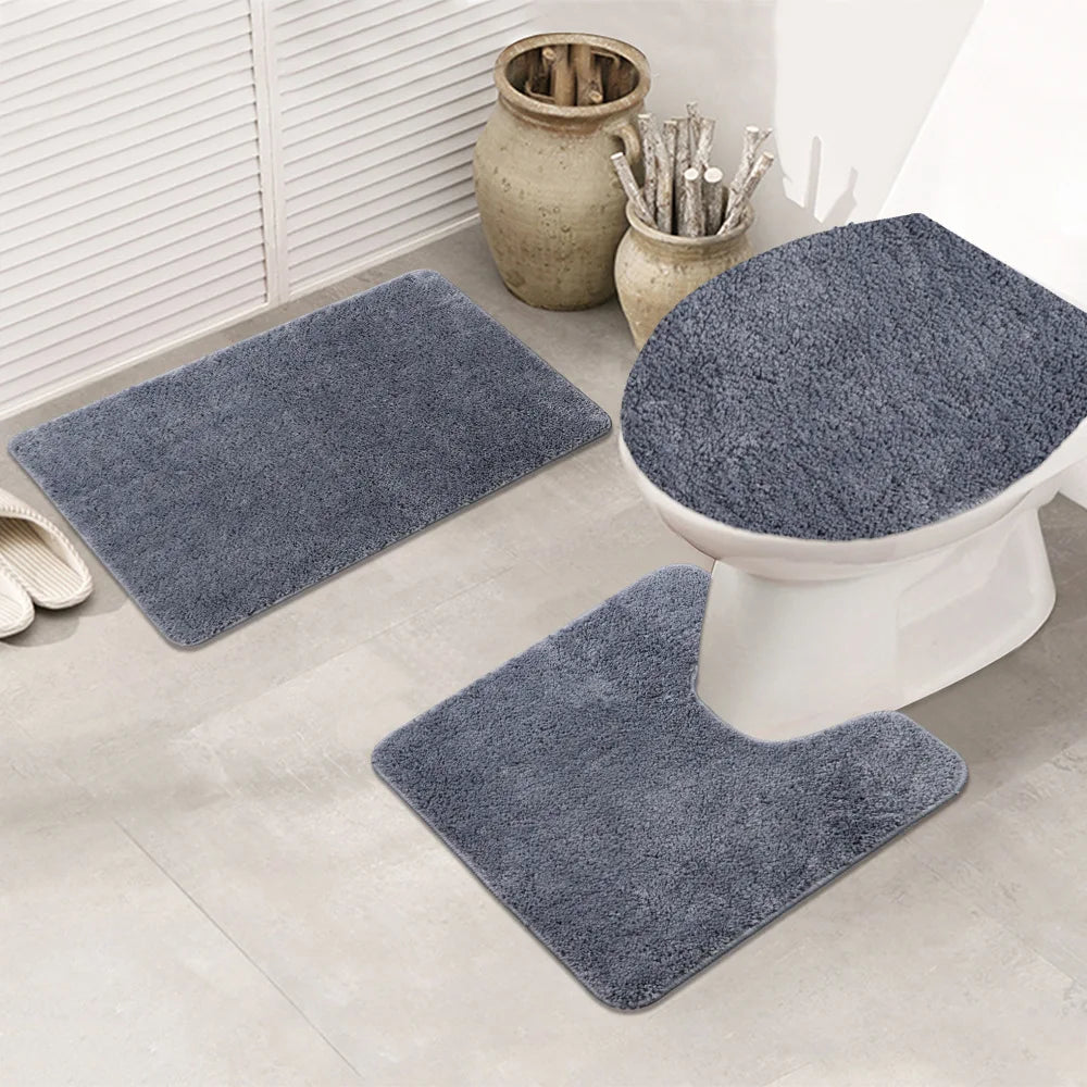 3 Pieces Toilet Three-Piece Non-Slip Mat Bathroom Absorbent Set Bathroom Toilet Carpet Bathroom Solid Color Microfiber Bath Rug