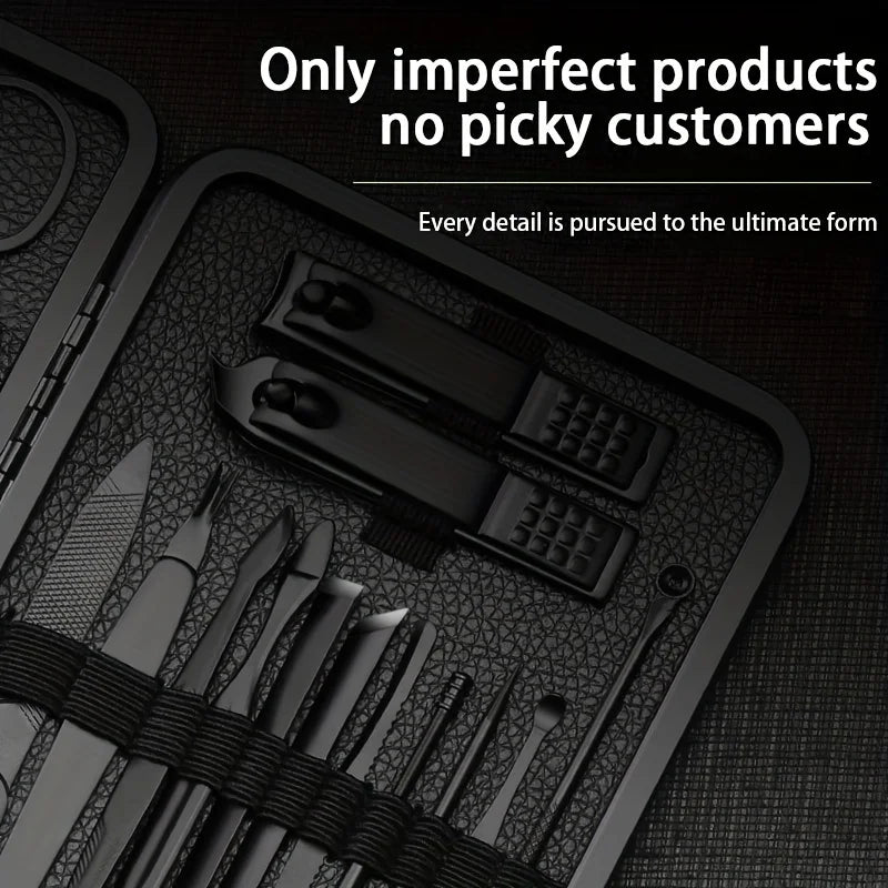 Stainless Steel 7/10/16/18pcs Black Manicure kit Pedicure Set Scissors Nail Clipper Grooming Tool Kit with Travel Case