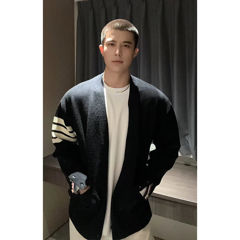 ay Striped Knit Cardigan Spring Autumn Men's V-Ne Sweater Casual Loose Fit Long Sve Polyester Fiber Faionable