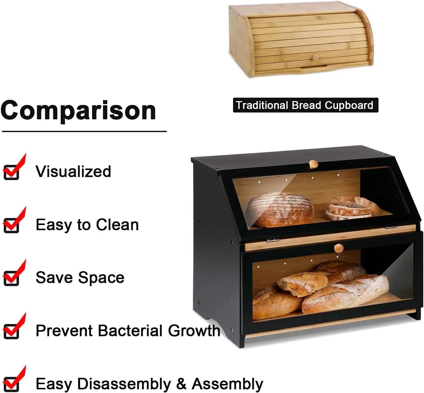Double Layer Large Bread Box for Kitchen Counter, Wooden Large Capacity Bread Storage Bin kitchen organizer