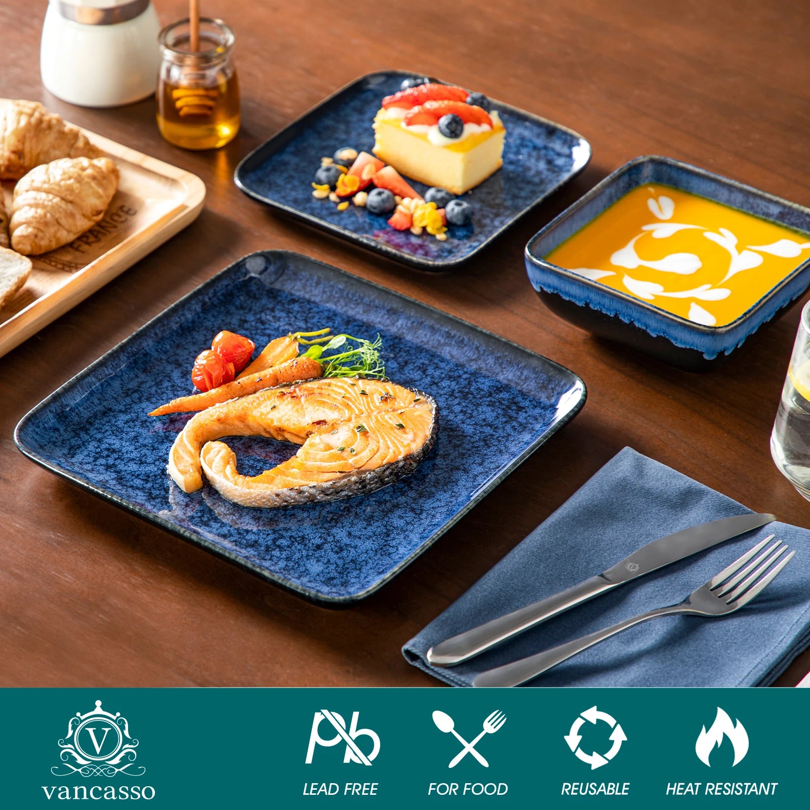 vancasso 12/24/36 Piece Ceramic Dinner Sets Square Blue Reactive Glaze Tableware Set with 4/8/12pcs Dinner Plate/ Dessert/Bowl