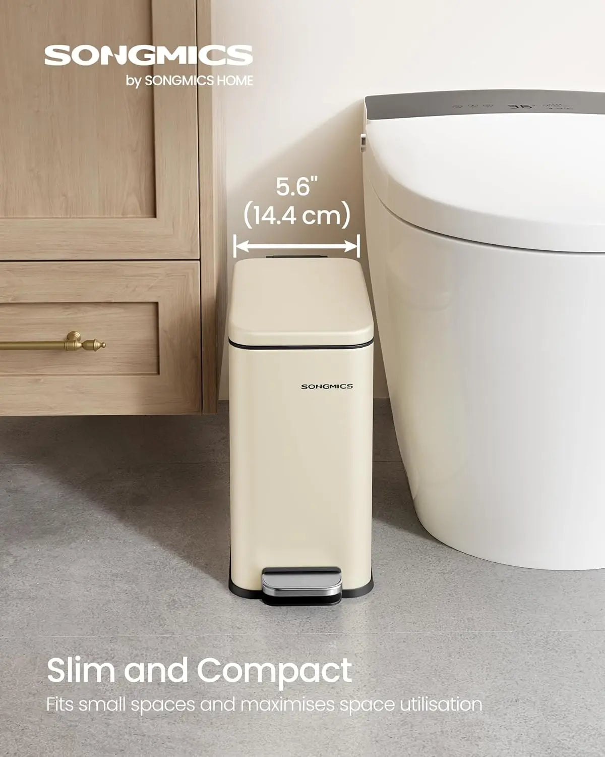 SONGMICS Bathroom Bin, 5L Small Bin with Lid, Pedal Toilet Bin, Slim for Small Spaces, Steel, Soft Close