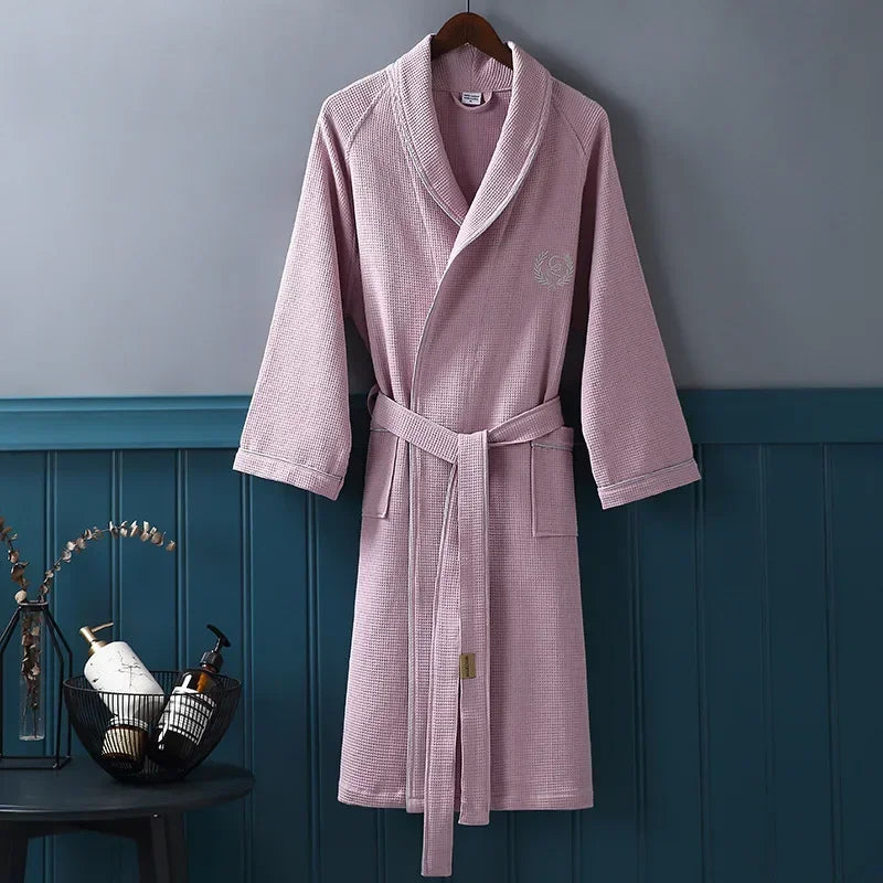 High Quality Hotel Home Waffle Bathrobe For Men Pure Cotton Embroidered Lapel Absent Bath Robe Men's Solid Color Dressing Gown