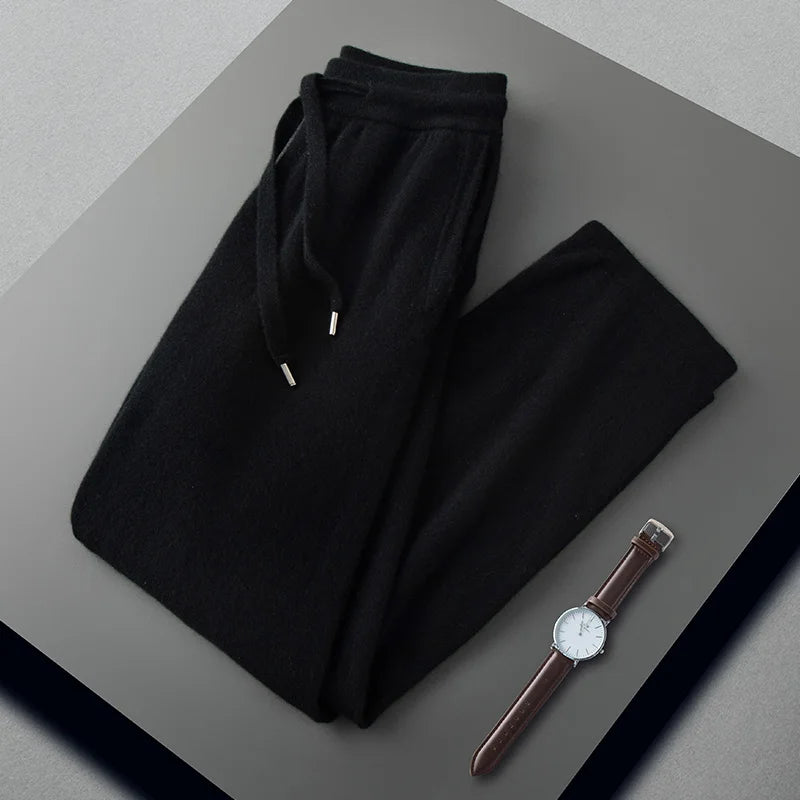 100% Cashmere Sweater Men's Knitted POLO Collar Pullover Casual High Waisted Knitted Straight Leg Pants Winter Warm Menswear