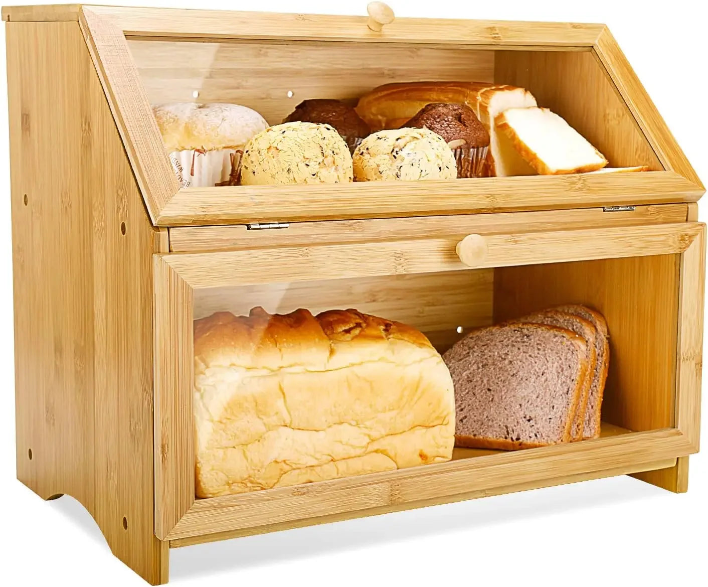 Double Layer Large Bread Box for Kitchen Counter, Wooden Large Capacity Bread Storage Bin kitchen organizer