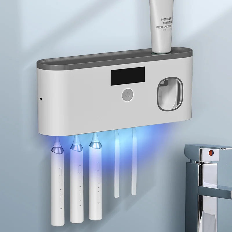 intelligent UV toothbrush sterilizer with automatic toothpaste dispenser - wall mounted, space saving, advanced UV sterilizatio