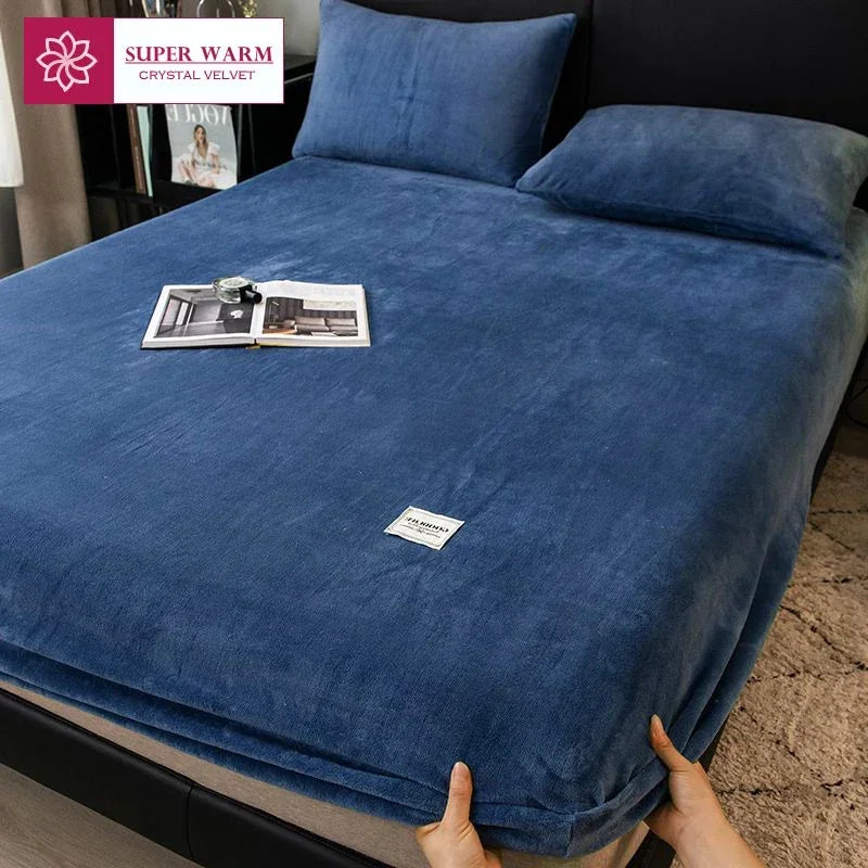 Soft Warm Plush Fitted Sheet Elastic Mattress Cover Fluffy Coral Fleece Bed Linen Winter Couple Luxury Double Bed Bedding