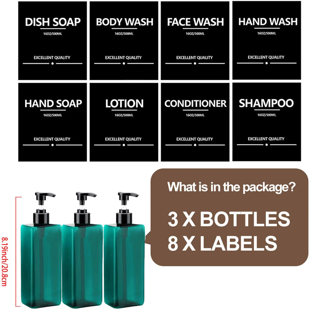3PCS 500ml Square Soap Dispenser Waterproof Labels Refillable Empty Bottle Hand Soap Liquid Lotion Shampoo Conditioner Container