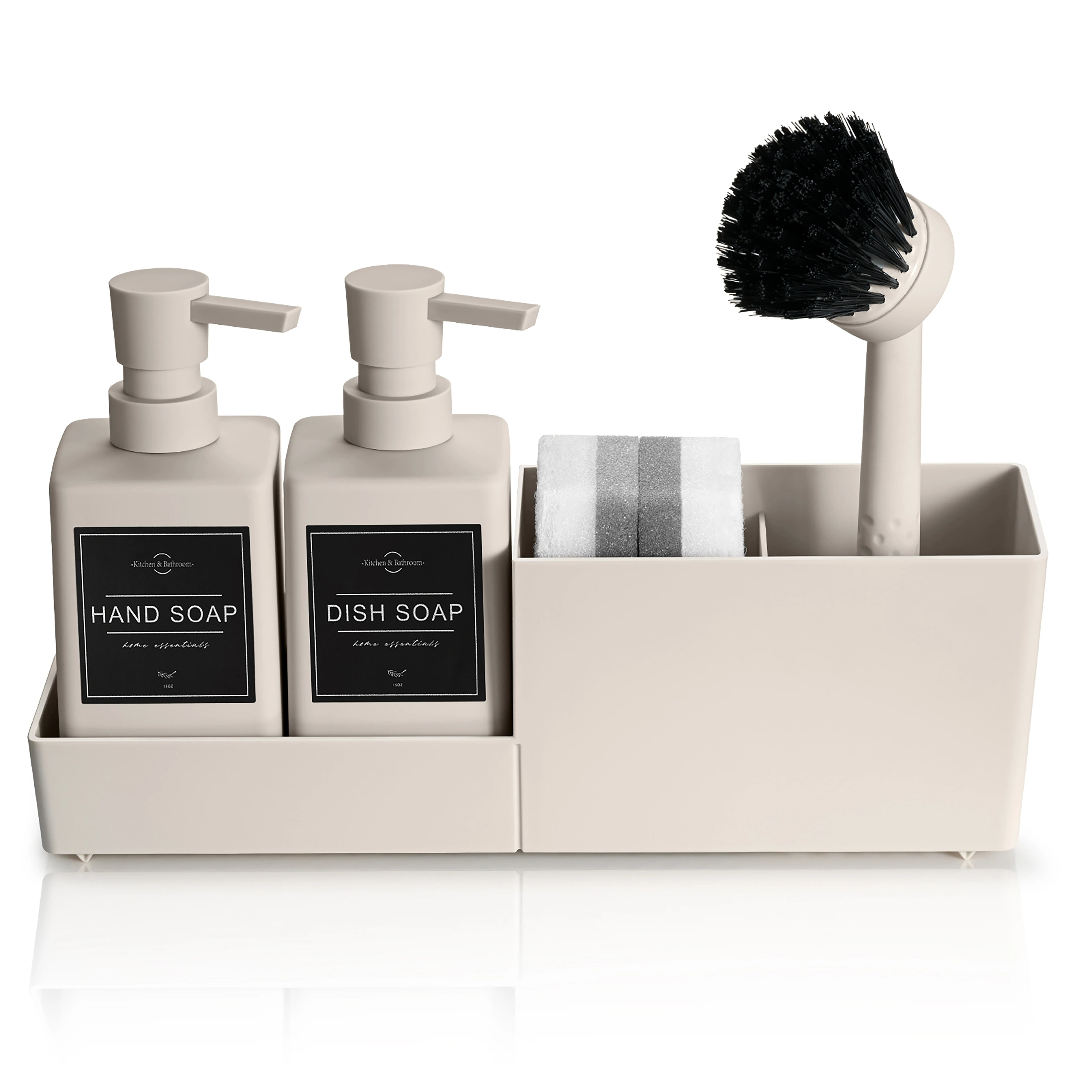 Kitchen Soap Dispenser Set with Sponge Holder and Brush for Sink Rack Hand Soap and Dish Soap Dispensers Black 4-in-1