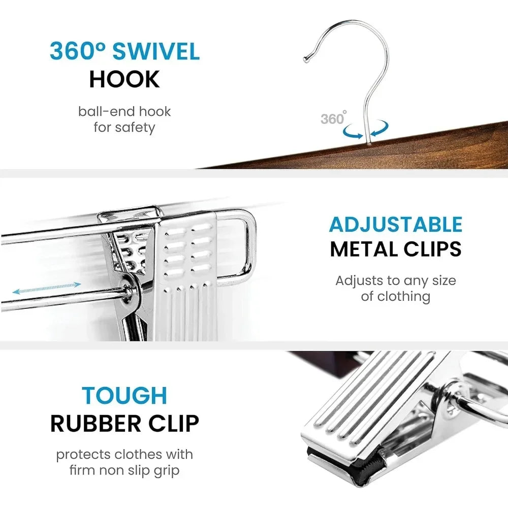 High-Grade Wooden Pants Hangers with Metal Clips Grip Clip Pants Hanger Solid Wood Jeans/Skirt Hanger 360° Swivel Hook