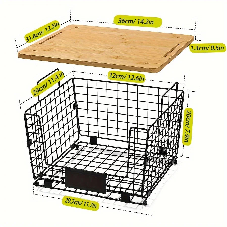 Large Stackable Wire Basket with Bamboo Top - Kitchen Counter, Pantry Organizer and Storage, Onion Potato Fruits Vegs Basket