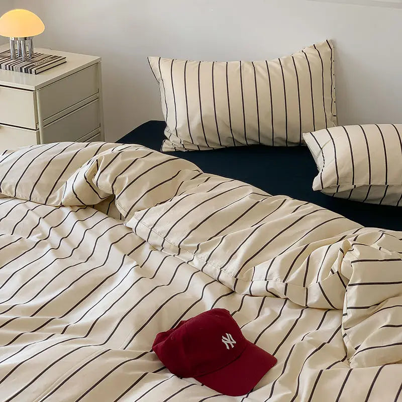 Stripes Duvet Cover Set Adults Boys Quilt Cover Bed Sheet Simple Home Bedding Soft Washed Cotton Bedclothes Single Double Size