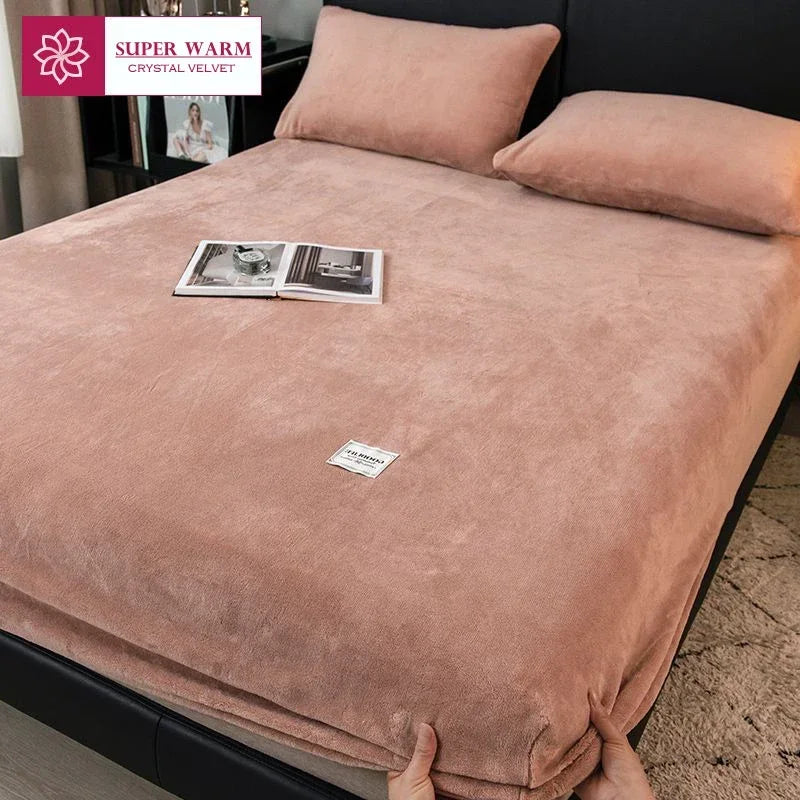 Soft Warm Plush Fitted Sheet Elastic Mattress Cover Fluffy Coral Fleece Bed Linen Winter Couple Luxury Double Bed Bedding