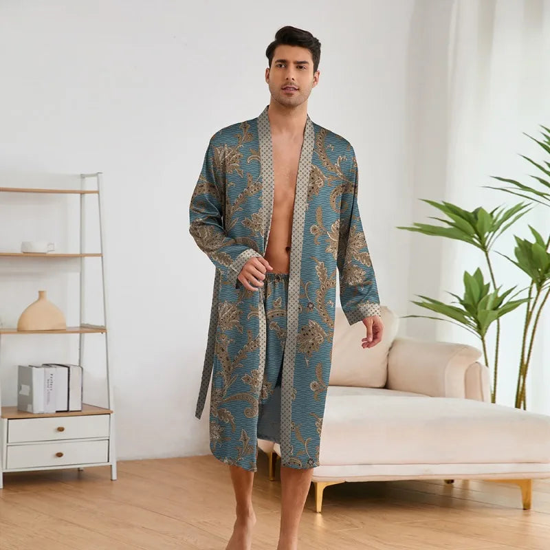 Fashion Design Pajamas Suit Men New Paisley Printed Nightgowns Long-sleeved Shorts Bathrobe Male Soft Ice silk Satin Nightwear