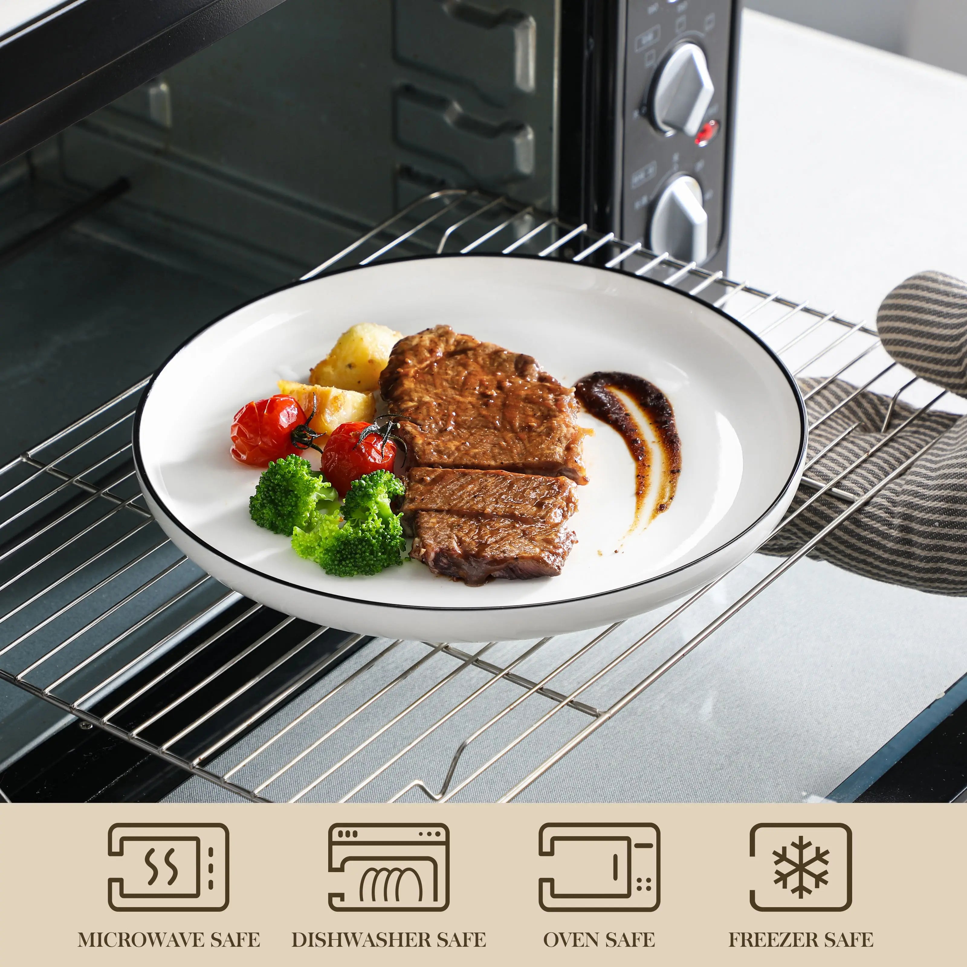 MALACASA 24/48Piece Ceramic Plates Black Rim Porcelain Dinnerware Set 6/12 Pcs Dinner/Soup/Dessert Plates/Bowl Service for 6/12