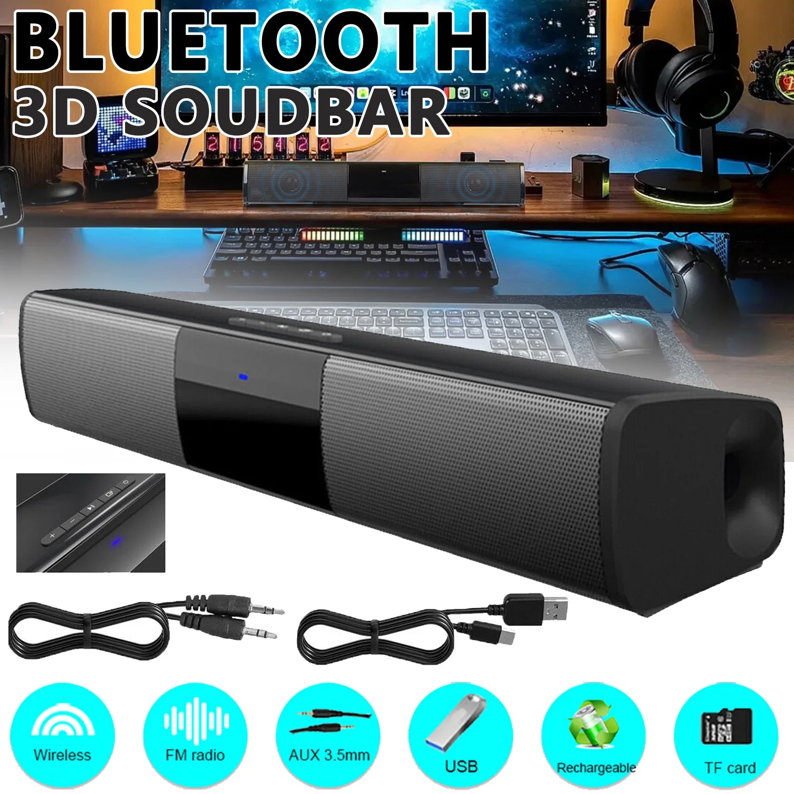 Sound Bar for TV, PC Soundbar Speaker with Bluetooth 5.0 2000mAH Battery, 10 Watt Gaming Soundbar Compatible AUX/FM/TWS/SD Card