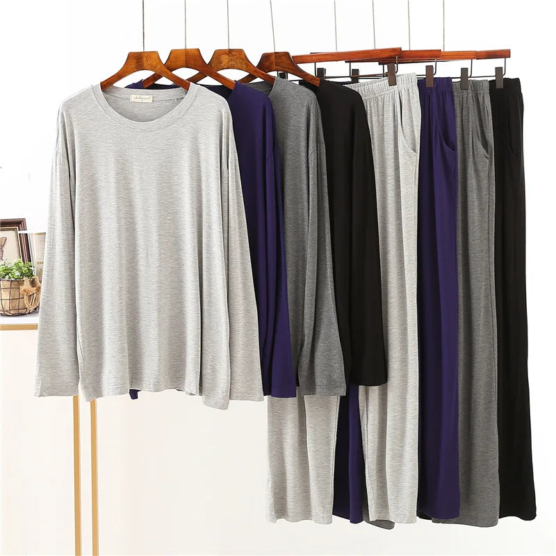 Modal Cotton Pajamas Suit Men Spring Autumn Long-sleeved Youth Middle-aged Loose Fit Plus Size Loungewear Thin Sleepwear Male