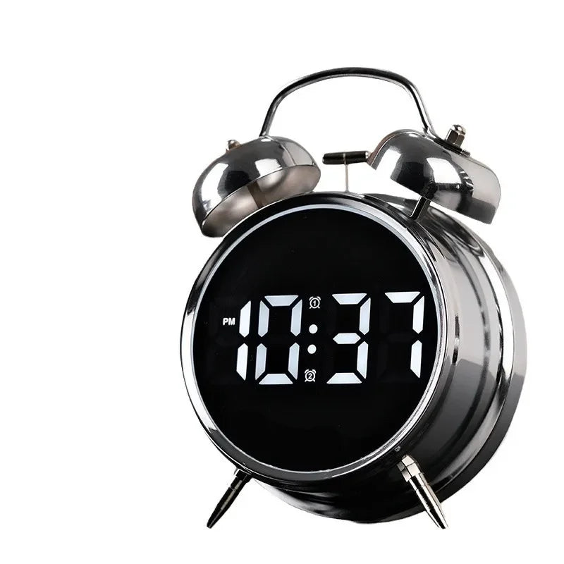 Multifunctional Extra Large Metal Alarm Clock with LED Screen Plug-In Children's Clock for Heavy Sleepers