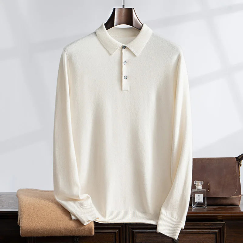 100% Cashmere Sweater Men's Knitted POLO Collar Pullover Casual High Waisted Knitted Straight Leg Pants Winter Warm Menswear