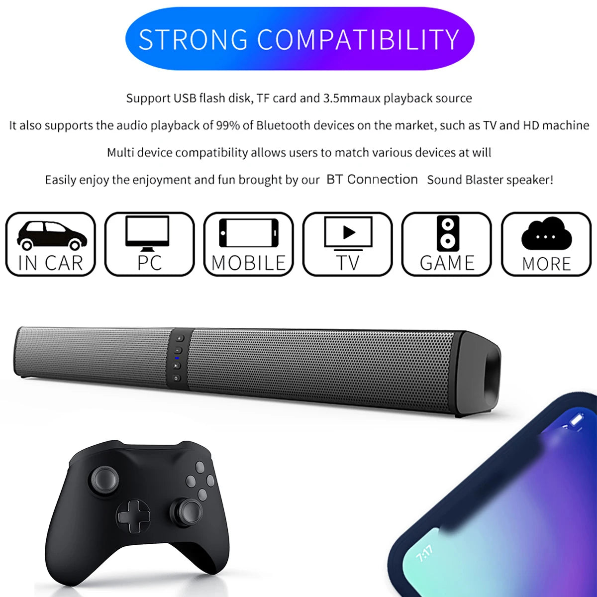 Detachable Soundbar 3D Sound Blaster Bar Audio TV PC Computer Subwoofer Wireless Home Theater Speaker