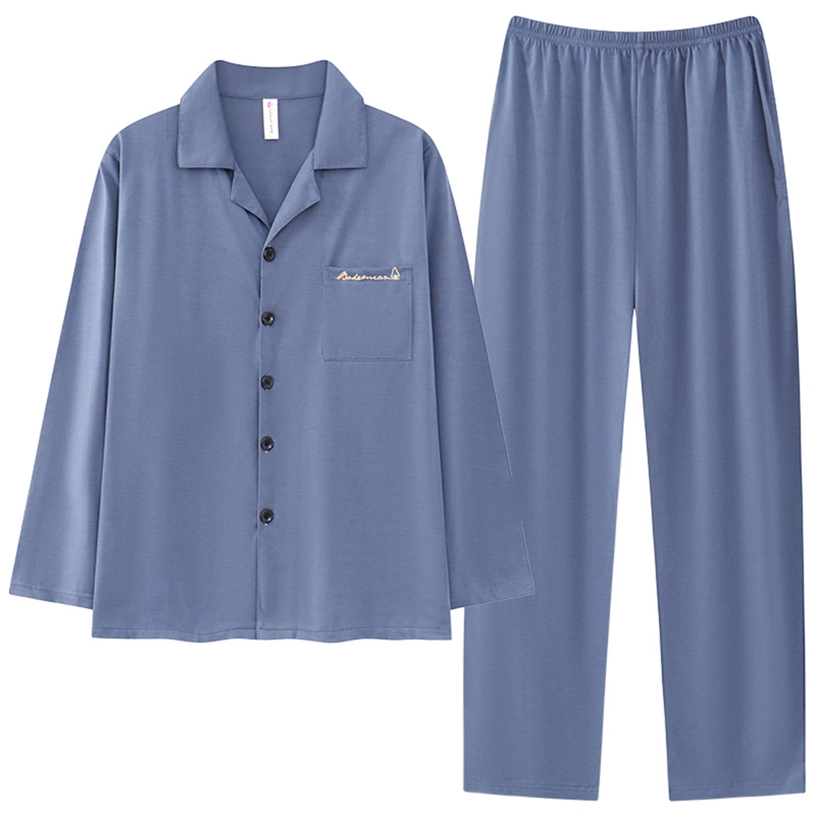 Classic Black Mens Pajamas Spring Autumn Cotton Pyjamas Collared Neck with Notched Lapels Long Sleeves Button Placket Sleepwear